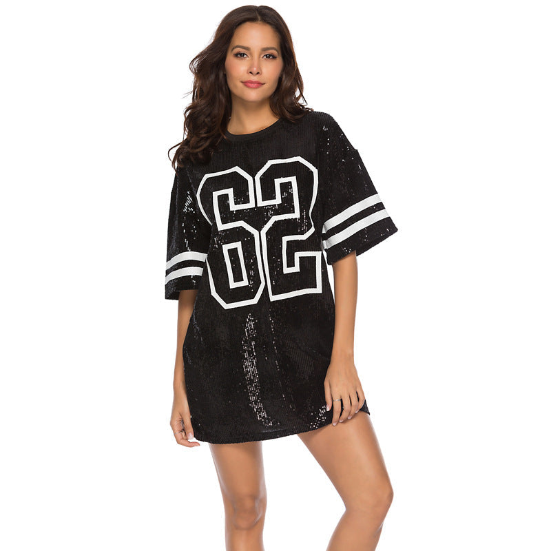 Women Mid-Length Digital Printed Loose T-shirt Sequ Dress