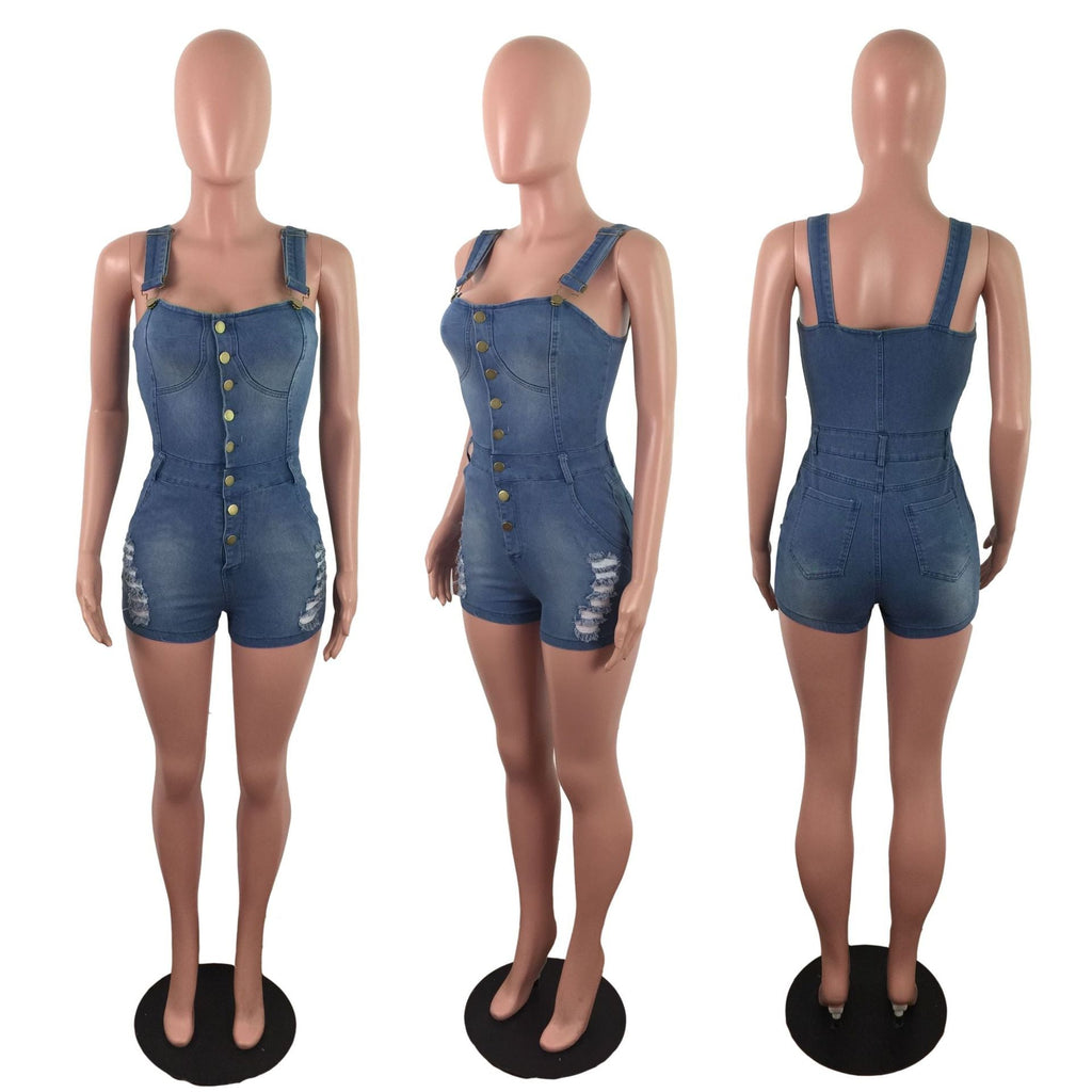 Denim Slim Fit Slimming Jumpsuit Spray White Ripped Jumpsuit Denim Shorts