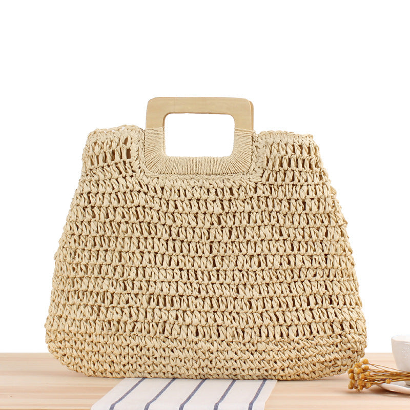 Retro Hand-Woven Bag Large Capacity Portable Hollow Out Cutout Straw Bag Seaside Vacation Beach Bag