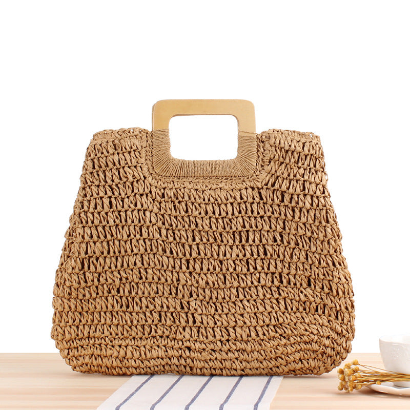 Retro Hand-Woven Bag Large Capacity Portable Hollow Out Cutout Straw Bag Seaside Vacation Beach Bag