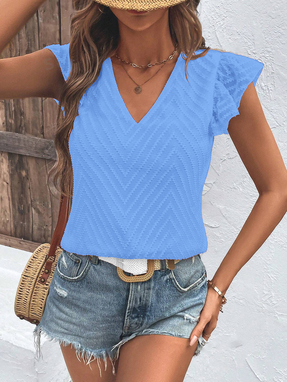Women Clothing Summer V neck Solid Color Jacquard Chiffon Lotus Leaf Short Sleeve Top for Women