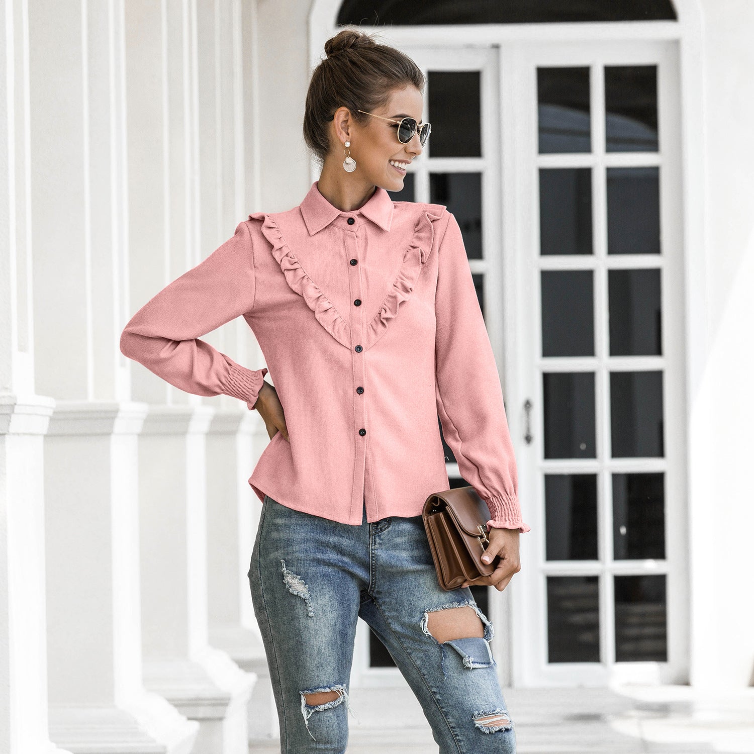 Women Spring Summer Autumn Outer Model Casual Top Wooden Ear Lantern Sleeve Corduroy Shirt