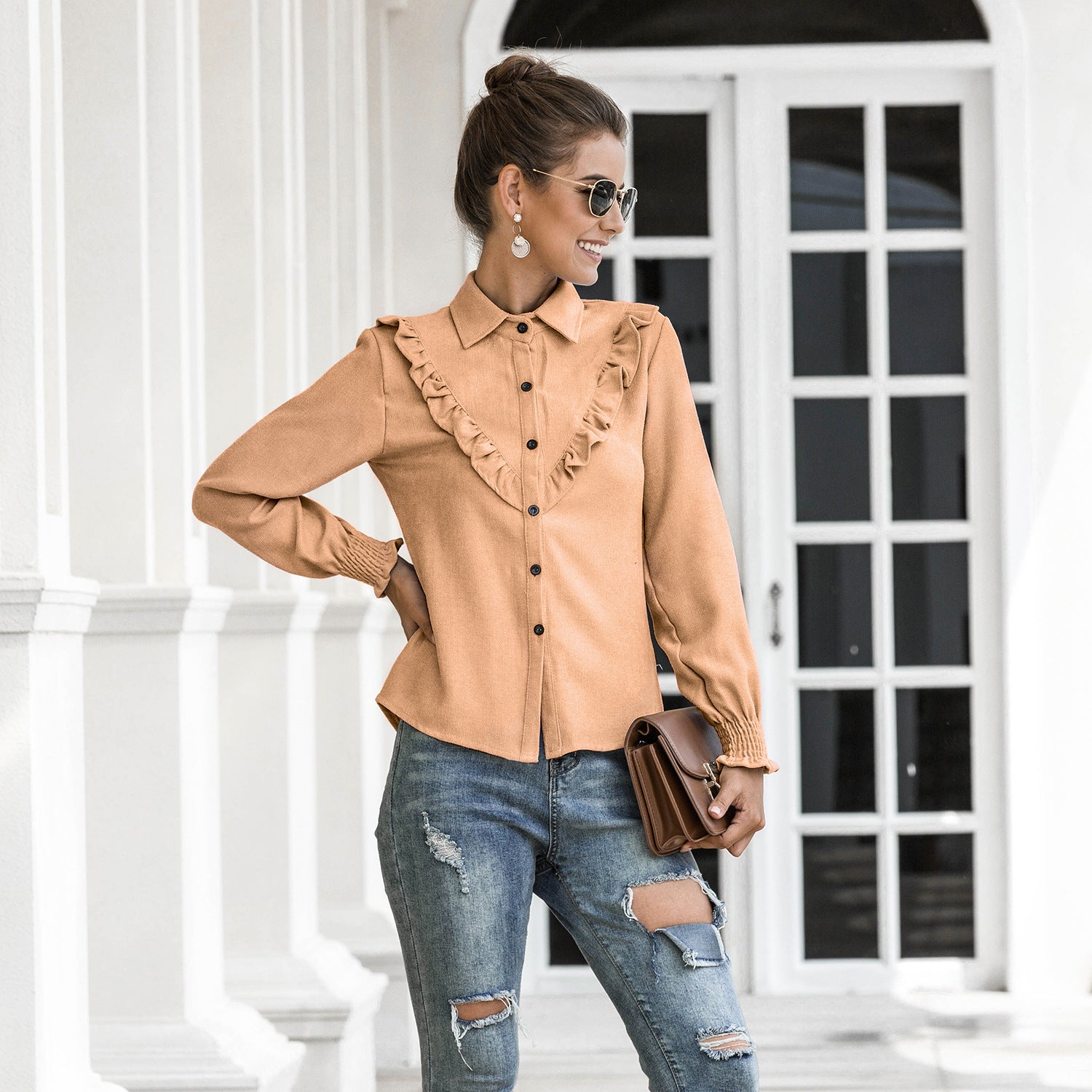 Women Spring Summer Autumn Outer Model Casual Top Wooden Ear Lantern Sleeve Corduroy Shirt