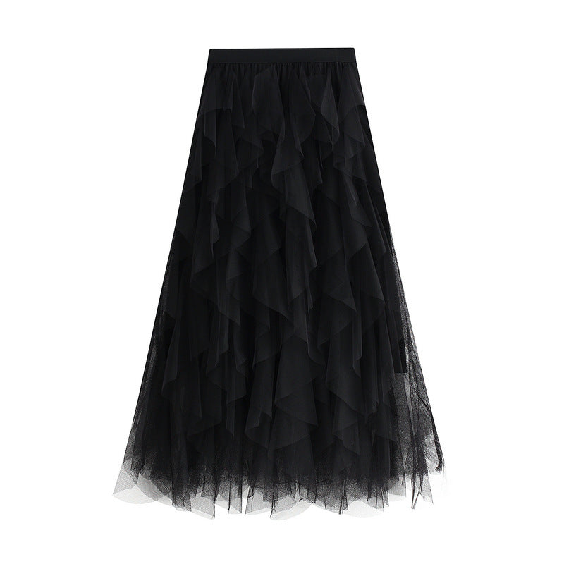 Autumn Winter Korean Elastic Waistband Fashionable All Matching Slimming Mesh Stitching Irregular Asymmetric Mid Length High Waist Skirt