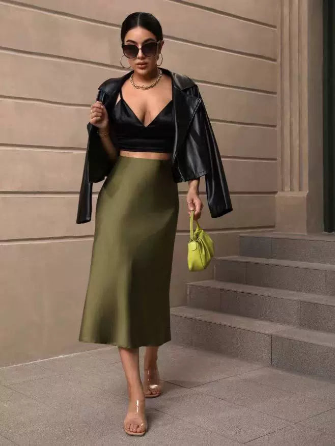 Hip Wrapped Fishtail Skirt Satin Mid Length Skirt Autumn Women Clothing Direct