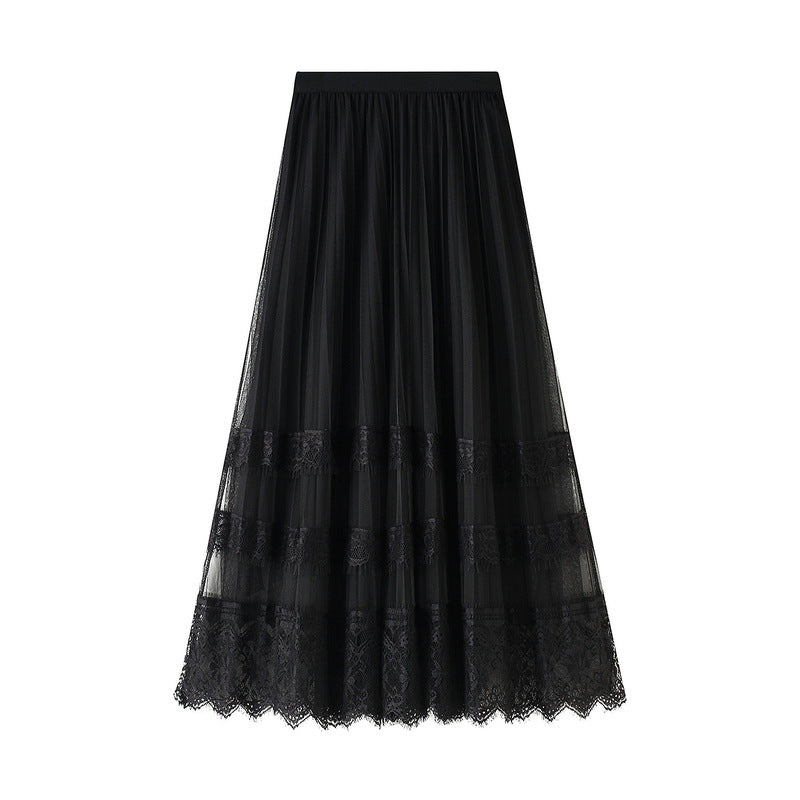 Skirt Spring Korean High Waist Lace Patchwork Tulle Skirt Women Pleated Skirt A Line Midi Skirt