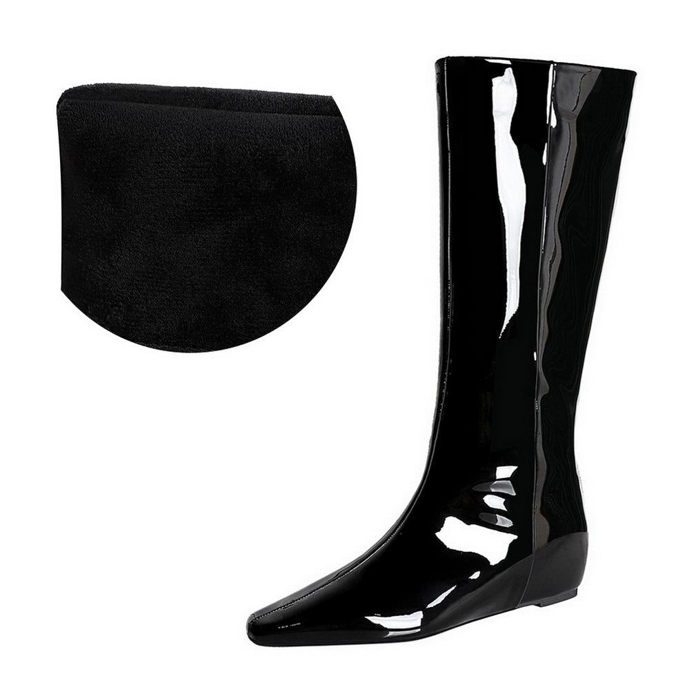 Wide Tube Women Boots Back Zipper Square Toe Middle Heel Wedge Height Increasing ole Shiny Patent Leather High Leg Boot