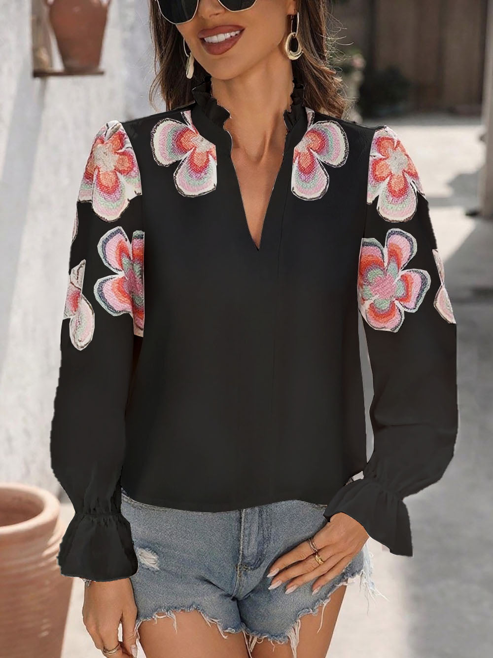 Top V neck Puff Sleeve Ruffled Printed Solid Color T Blouse