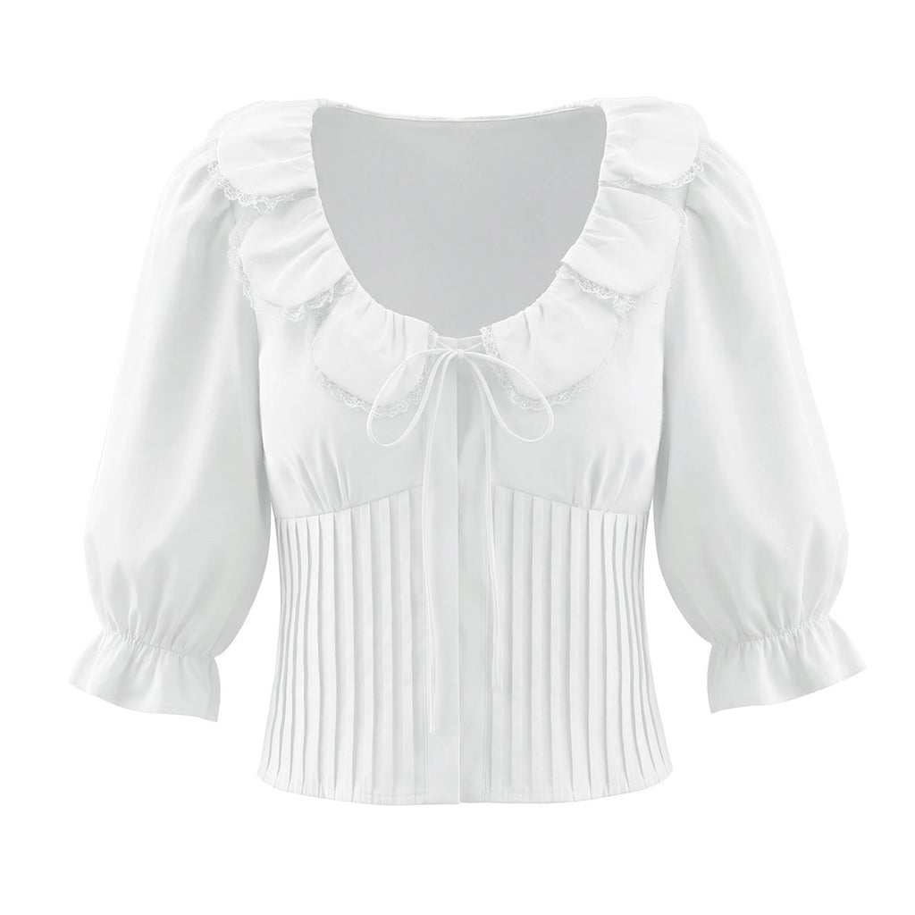 French Sweet Design Petal Scoop Lace Stitching Ruffle Slim Shirt Solid Color Tied Top