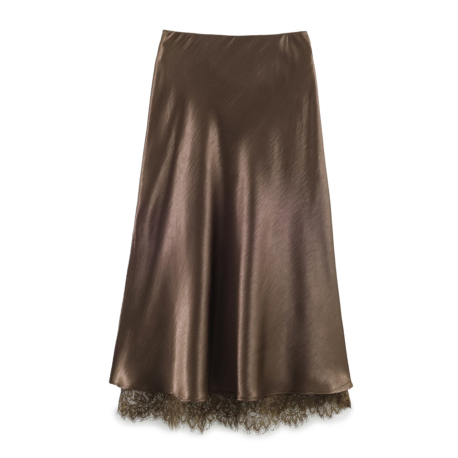 Satin Acetate Lace Patchwork Slit Skirt Long Skirt