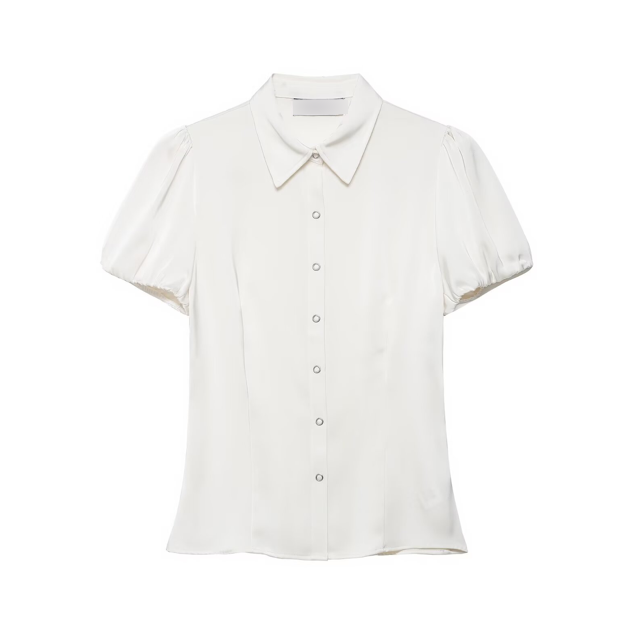 Women Clothing Wild Slimming Polo Collar Short Sleeve Silk Satin Textured Shirt