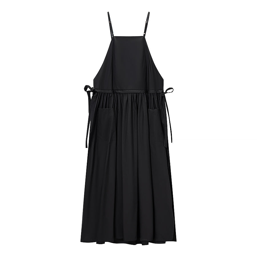Women Tube Top Solid Color Lace up Dress Personality Cute Pocket Decoration Cami Dress