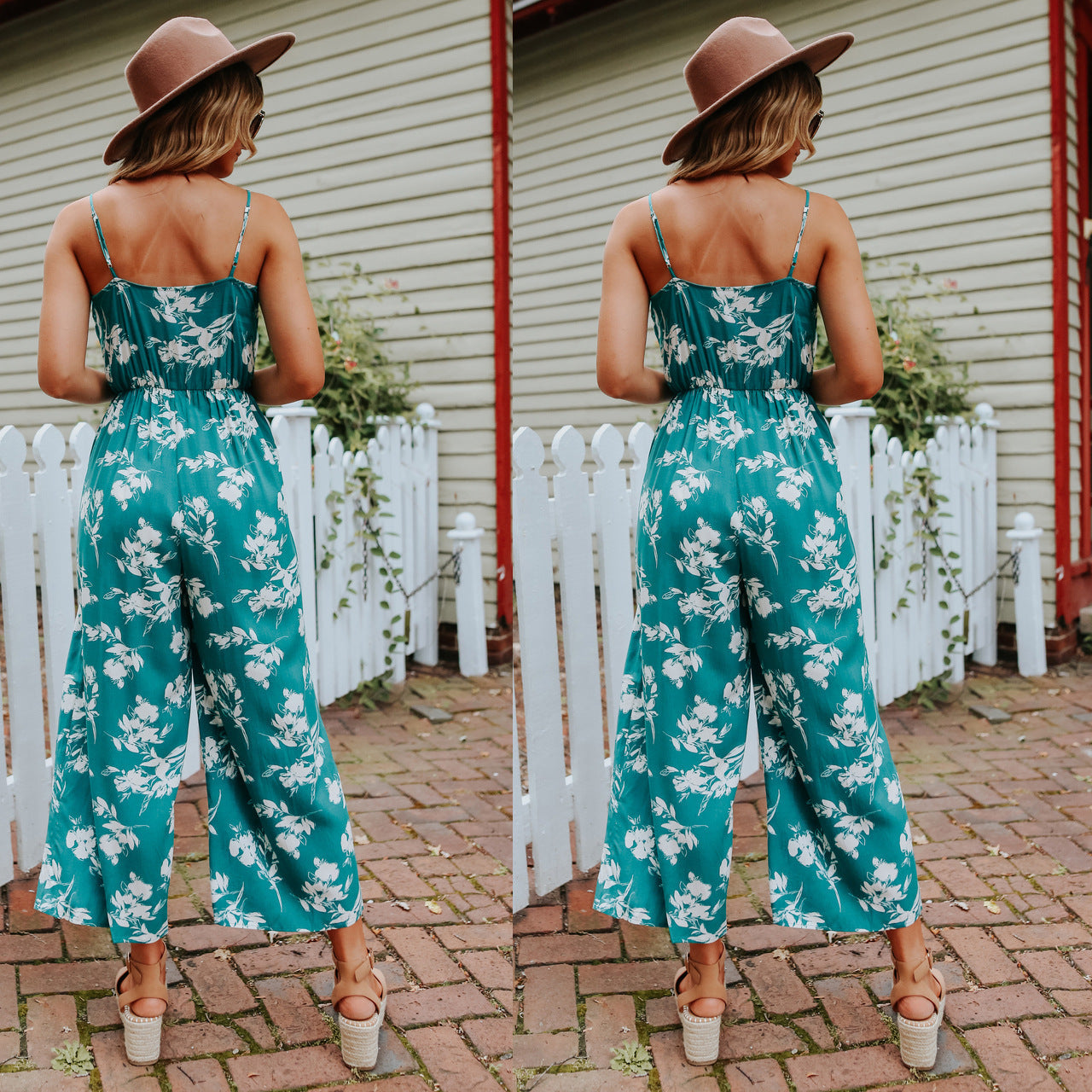 Sexy V neck Strap off the Shoulder Floral One Piece Trousers Multi Color Loose Backless Body Clothes
