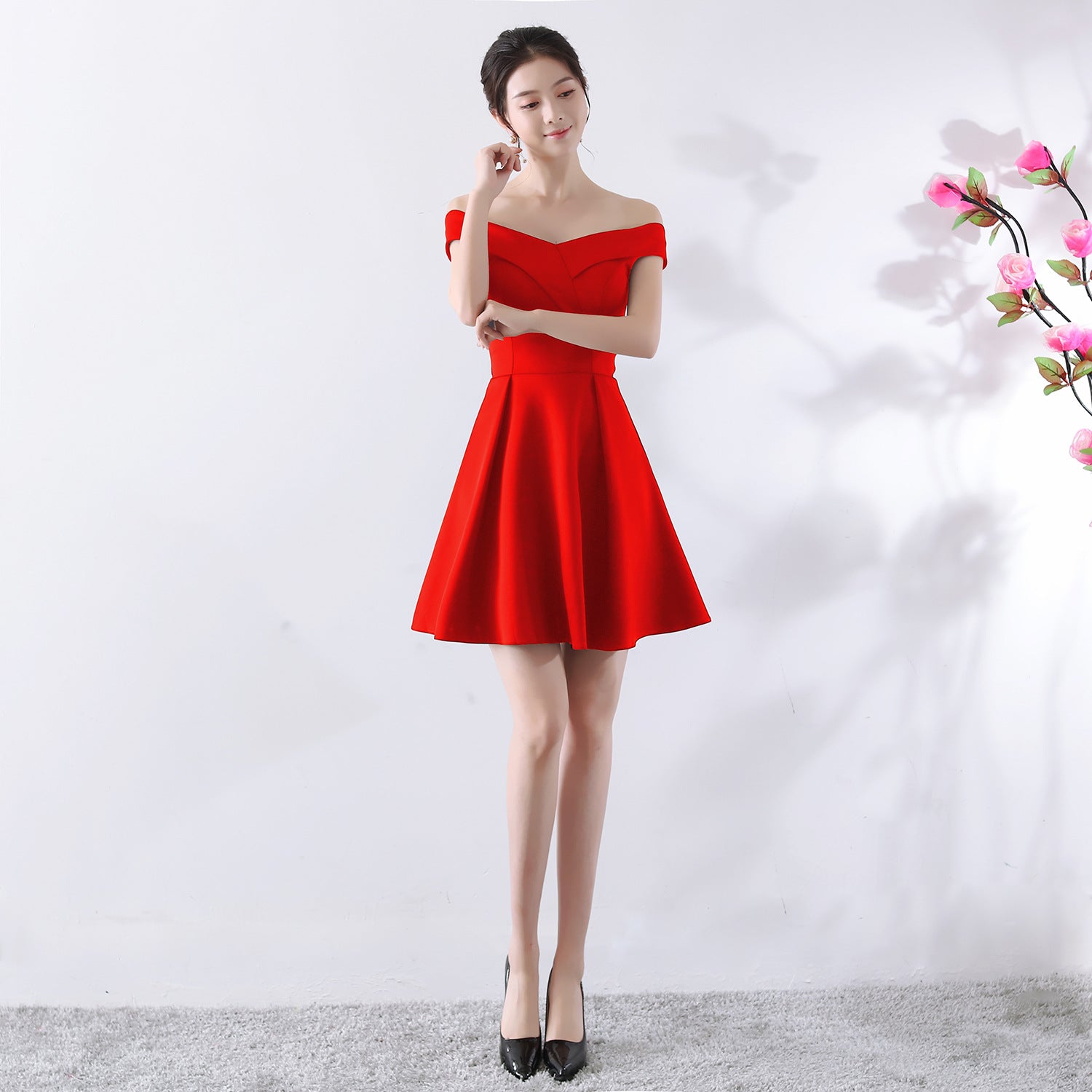 Toast Dress Bride Spring Wedding Summer Red Short off Shoulder Wedding Dress
