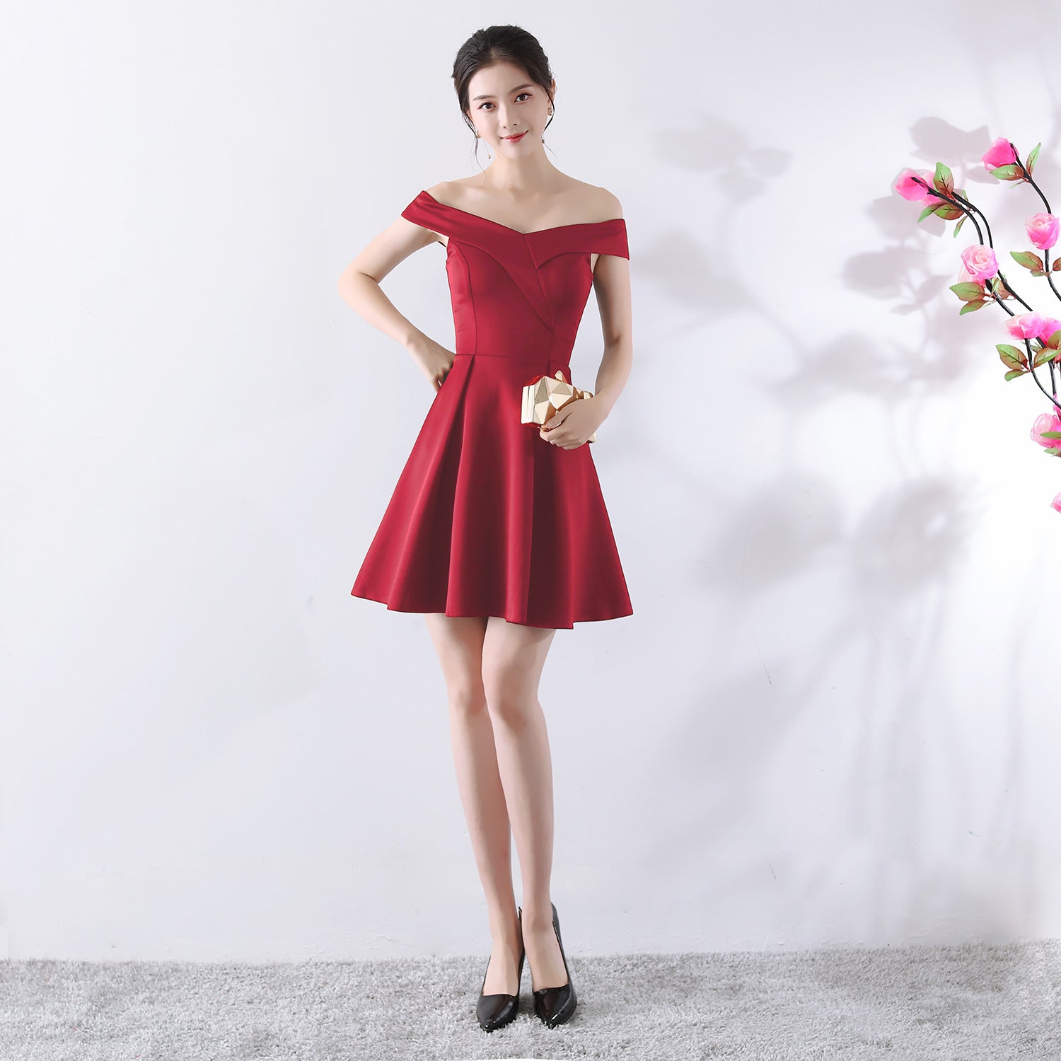 Toast Dress Bride Spring Wedding Summer Red Short off Shoulder Wedding Dress