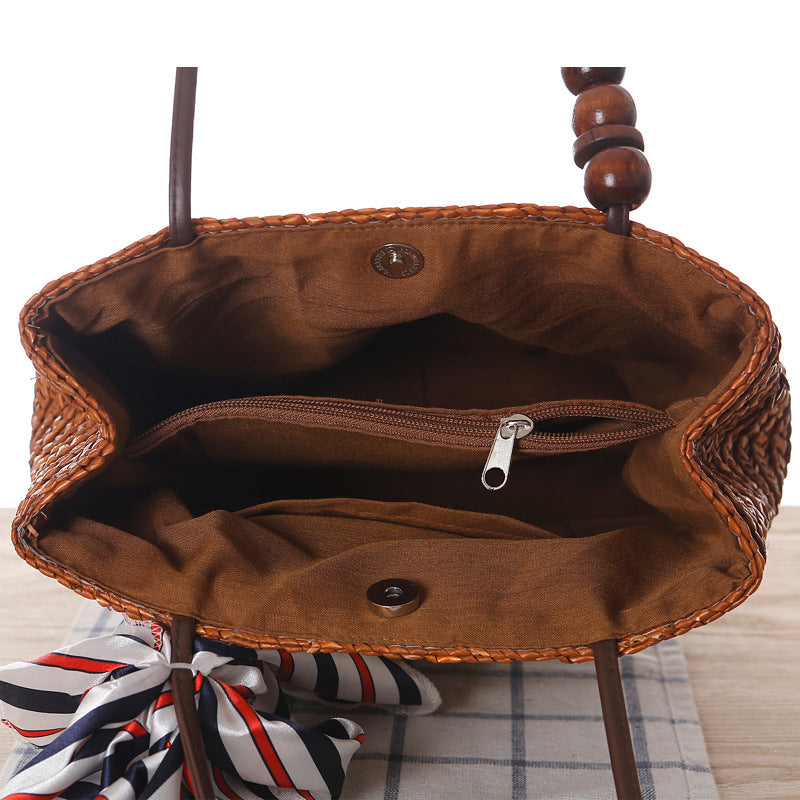Shoulder Straw Bag Women Bag Seaside Holiday Woven Bag Straw Bag Beach Bag Silk Scarves Are Not Included