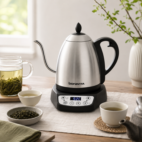 Bonavita Classic 1.0L Gooseneck Precision Temperature Electric Kettle| Coffee Brew and Tea, 1200 Watt, LED Panel, Stainless Steel