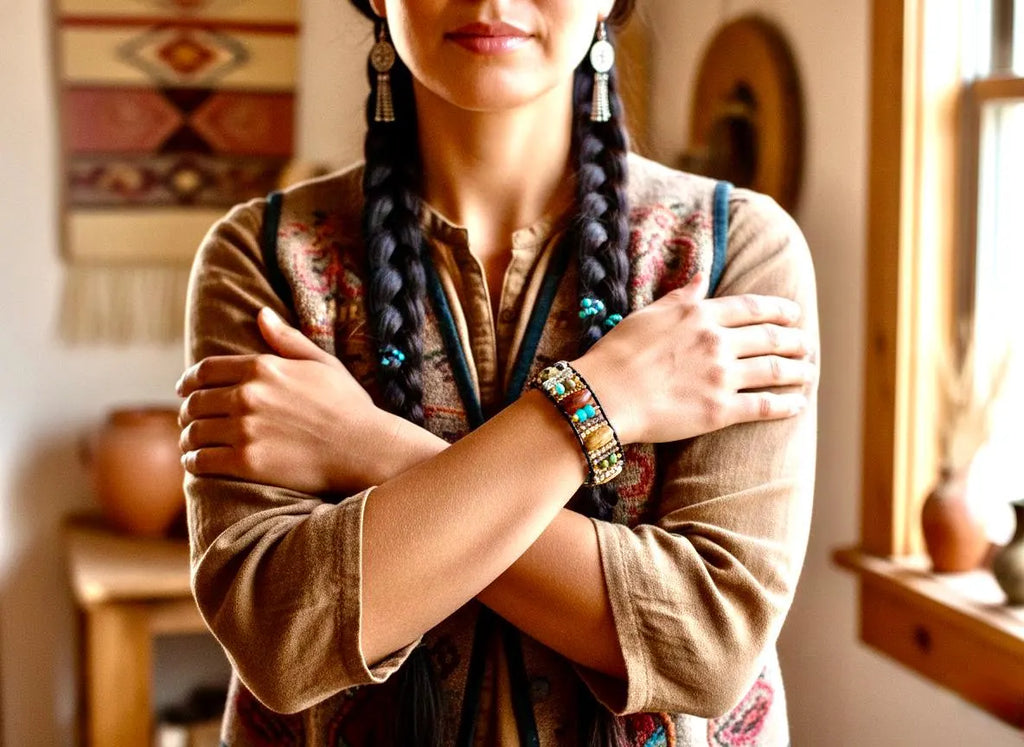 Natural Stone and wood beaded Bracelet Boho design with Leather button on closure