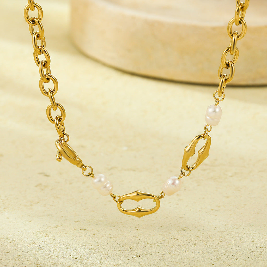 Stainless Steel Necklace Stitching Craft Inlaid Pearl Chain High Grade Clavicle Necklace for Women