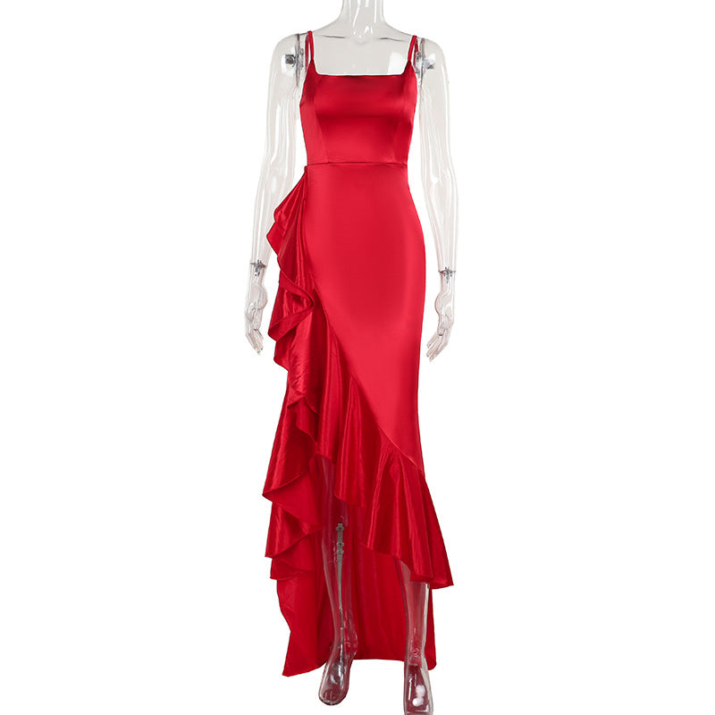 Women Autumn Slit Sexy Spaghetti Strap Ruffle Dress