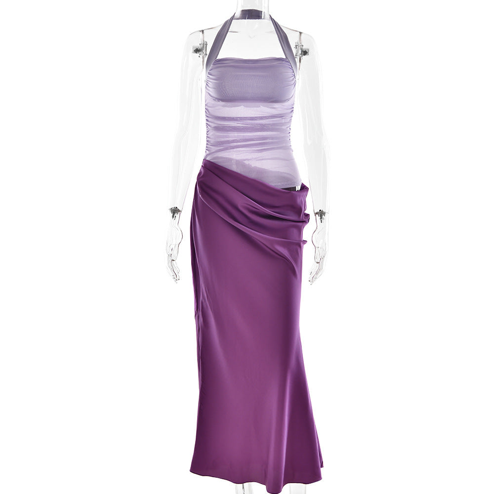 Spring Summer Sexy Backless Halter Satin Maxi Dress Sexy Hollow Out Cutout Sleeveless Dress