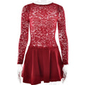 Spring Summer Lace Short round Neck Hollow Out Cutout out Slim Fitting Patchwork Ruffled Long Sleeve Dress