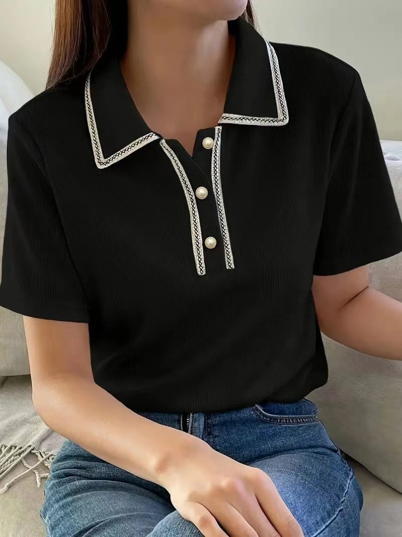 Women Clothing Solid Color Buttons Pullover Short Sleeved Polo Shirt