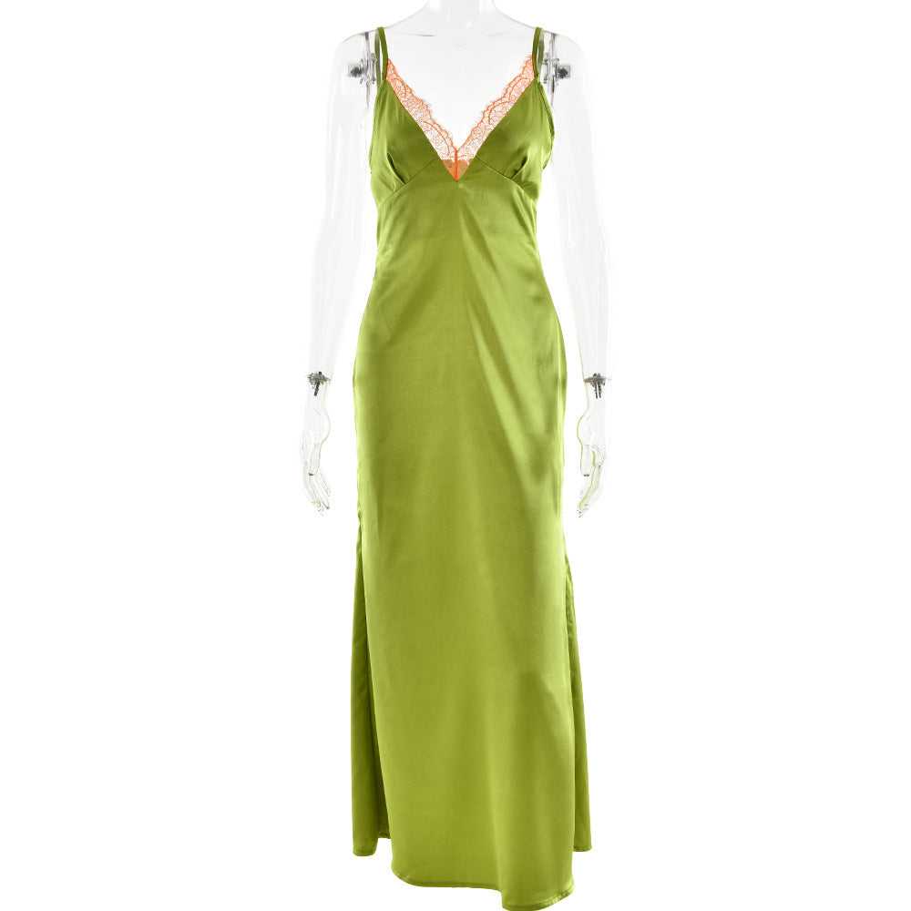 Satin Maxi Dress Sexy Deep V Plunge neck Backless Sexy Strap Dress