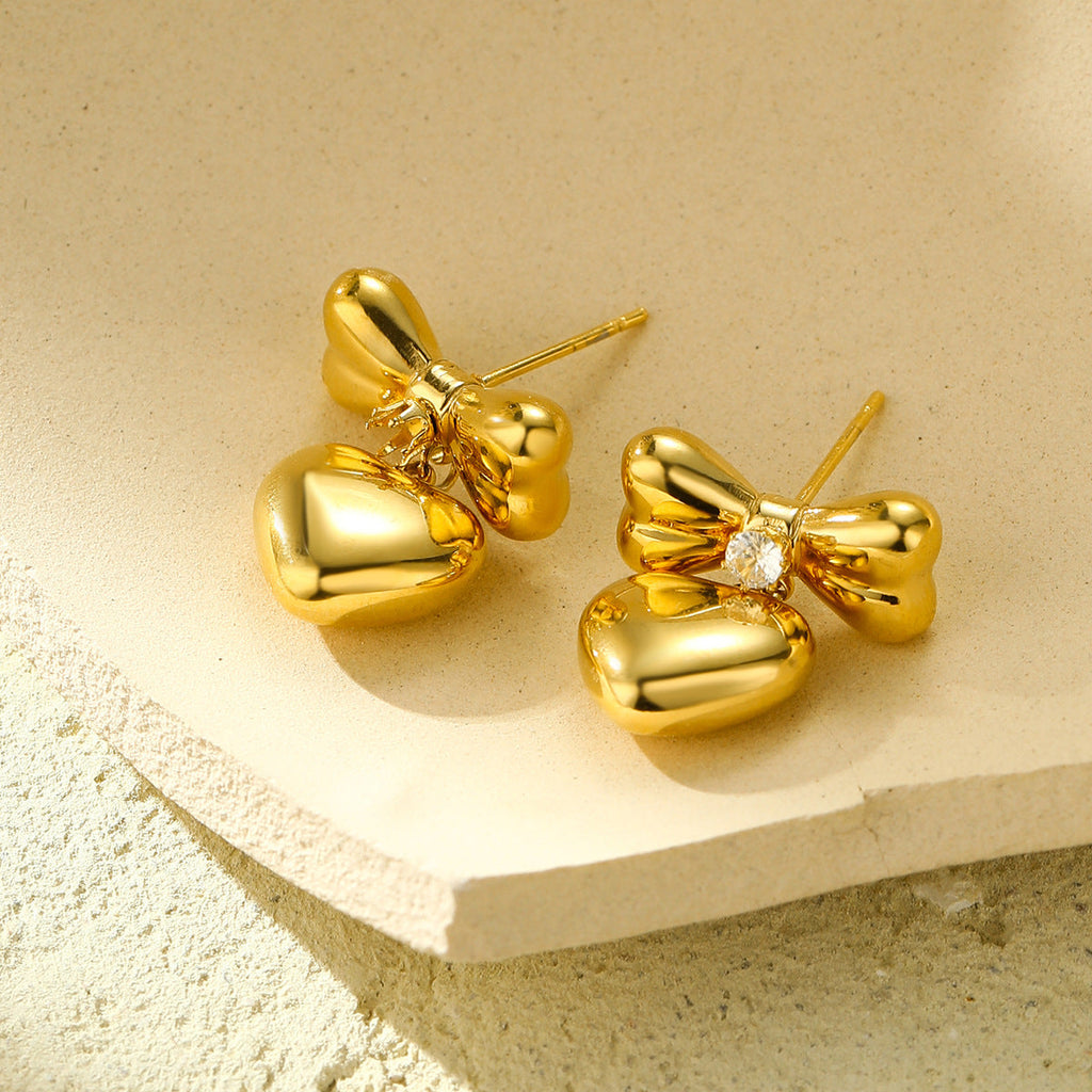 Cool Zircon Bow Titanium Steel Earrings Women Simple All Match Love Stainless Steel Studs