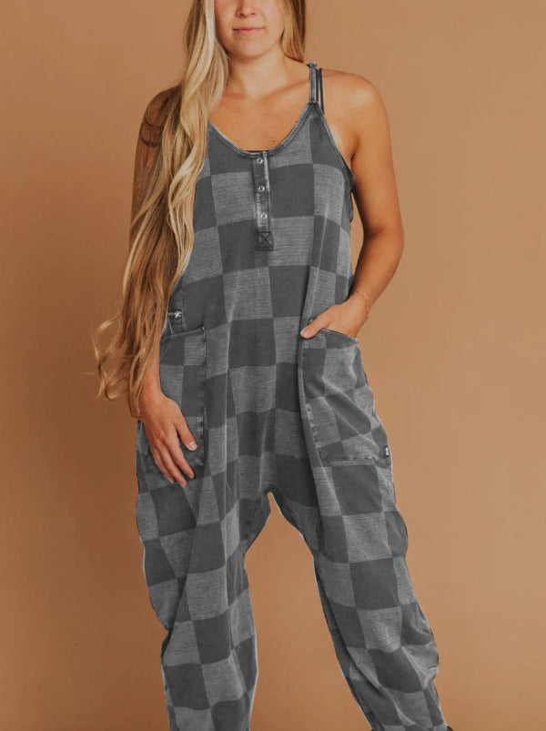 Women Clothing Printed Checks Casual with Big Pockets Jumpsuit Backless Loose
