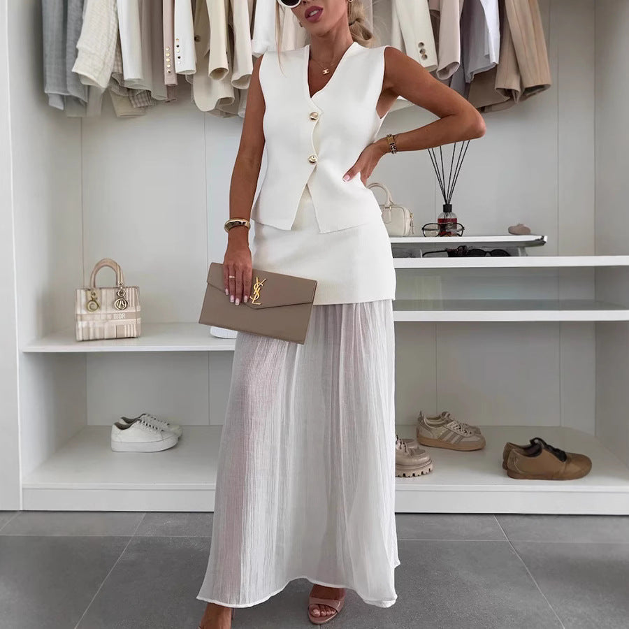 Spring Summer Knitted Stitching Vest Set Casual Vacation Loose Skirt Women