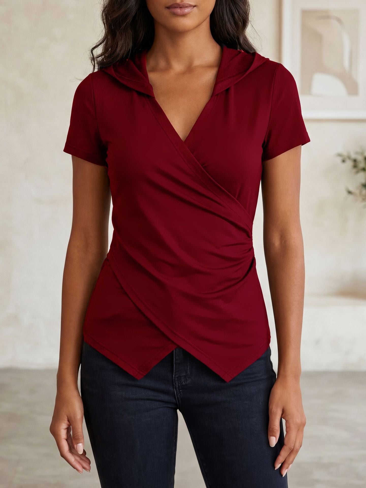 Women Clothing Summer V neck Solid Color Slim Slimming Irregular Asymmetric Short Sleeve T shirt Top