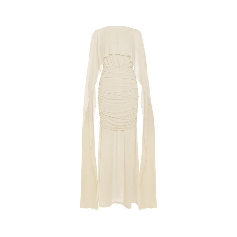 Autumn Winter Women Clothing Waist Controlled Sheath Pleated Ribbon Solid Color Dress