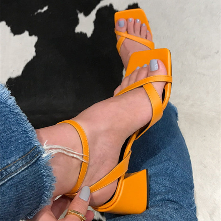 Thick Heel Toe Covering Buckle Sandals Women Hollow Out Cutout Square Toe High Heel Sandals