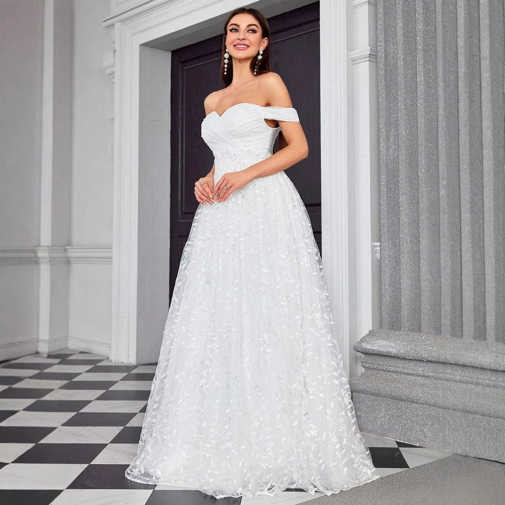 Off Shoulder Evening Dress Elegant Graceful Simple Dress Outdoor Travel Photography Light Wedding Dress