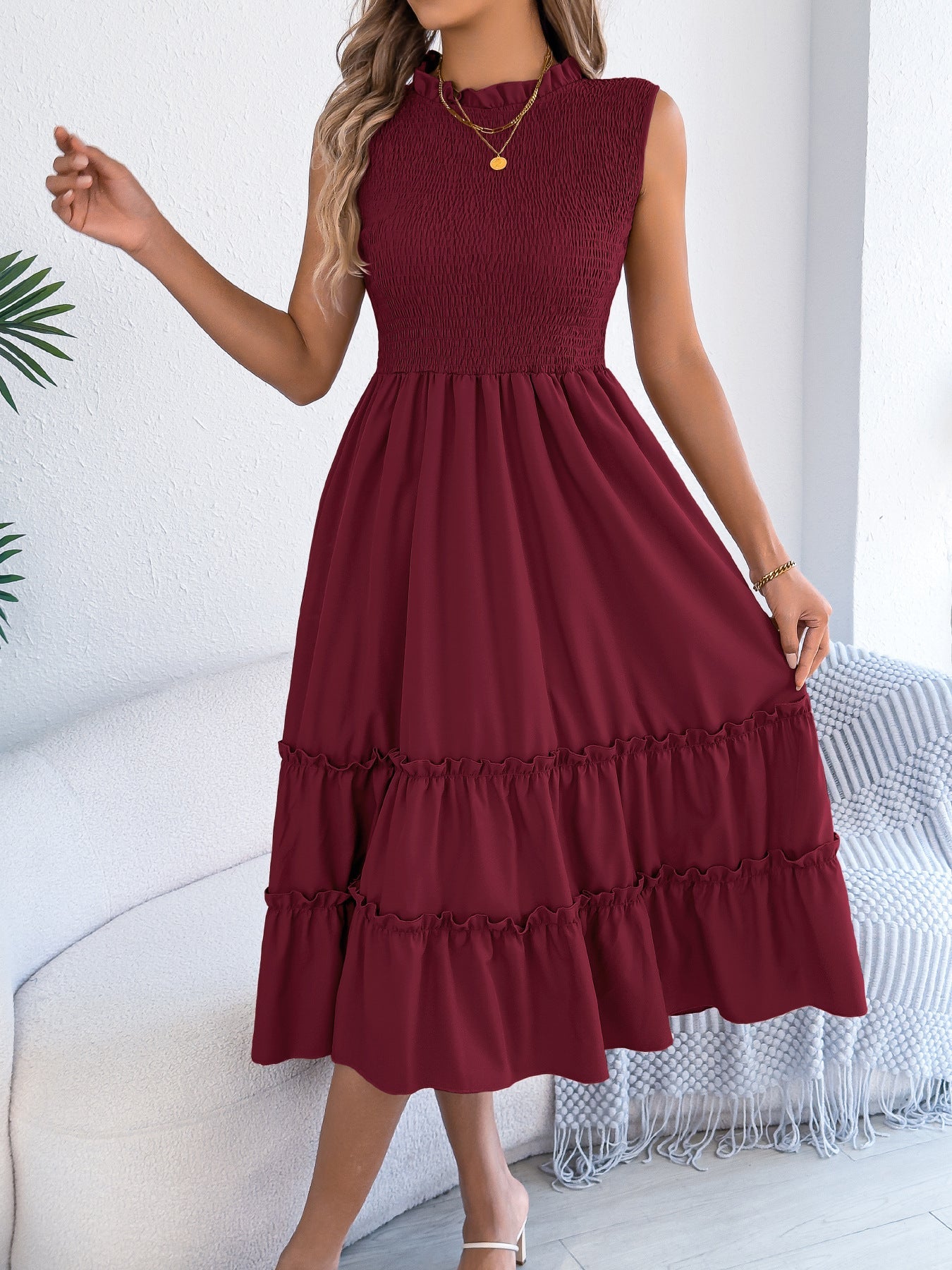 Spring Summer Casual Sleeveless Smocking Waist Tight Wooden Ear Large Swing Dress Independent Stand Women Clothing