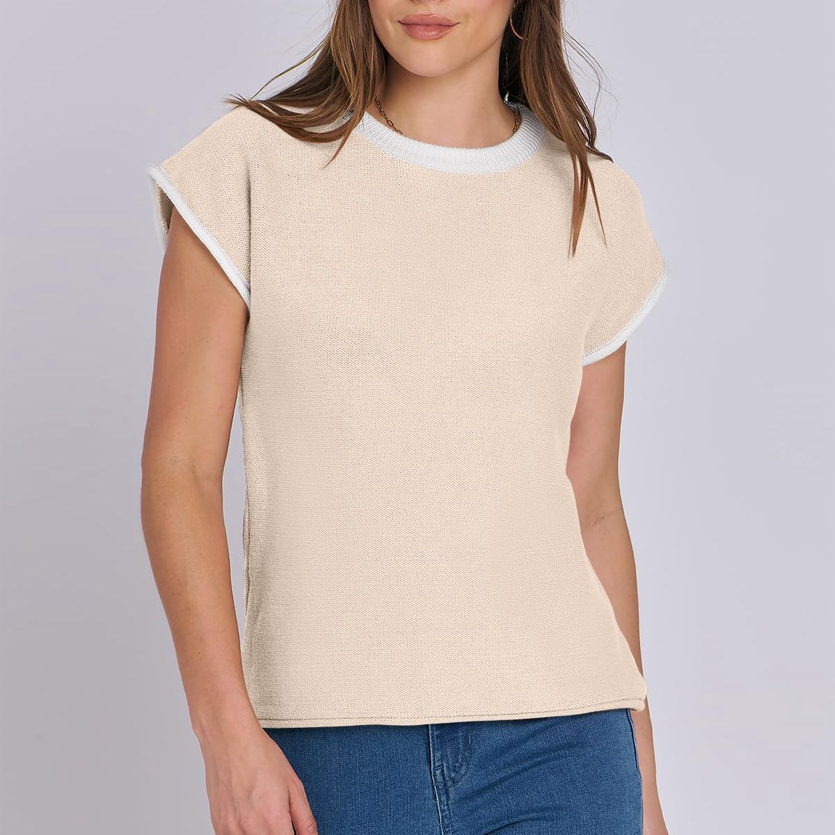 Women Clothing Summer round Neck Knitted Top Casual Striped Contrast Color Sweater