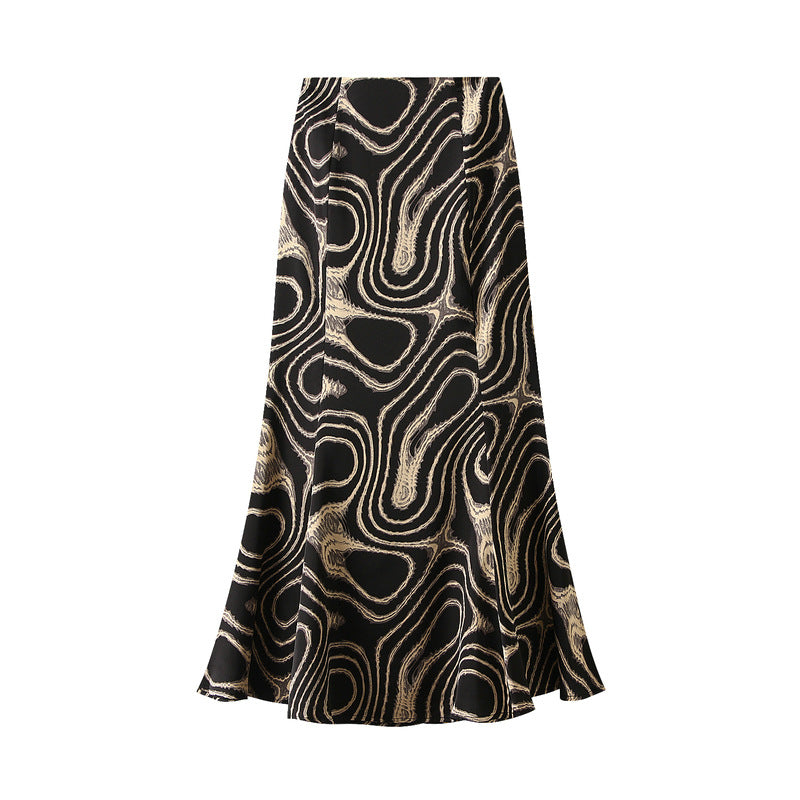 Women Skirt Summer Vintage Printed Fishtail Skirt High Waist Slim Slimming Mid Length Hip Wrapping Skirt