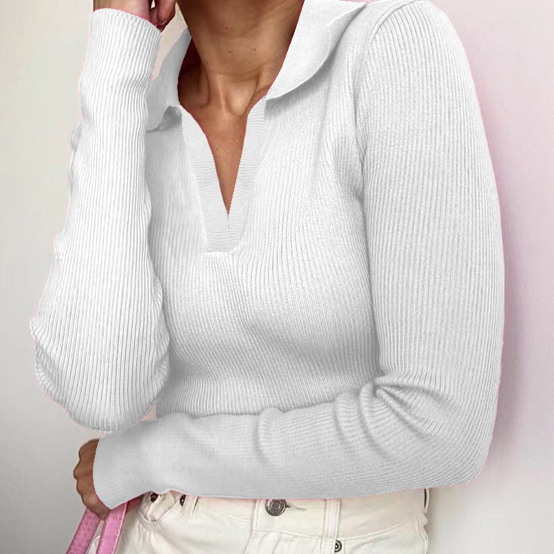 Retro Sexy Polo Collar Deep V Plunge Top Fall Women Clothing Crop Top Tight Fitting Thread Knitted Long Sleeve T shirt