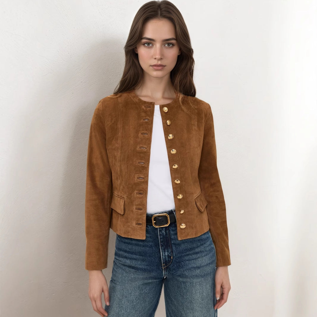 Classic Metal Single Breasted Short All Match Suede Air Layer Jacket Short Coat Autumn