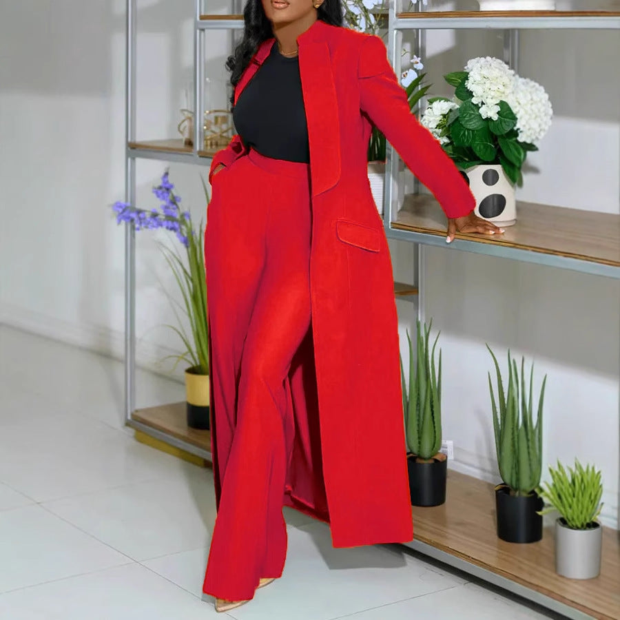 Women Solid Color Polo Collar Long Two Piece Set