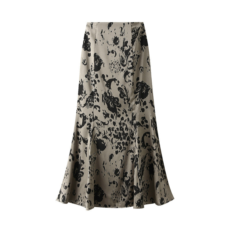 Women Skirt Summer Vintage Printed Fishtail Skirt High Waist Slim Slimming Mid Length Hip Wrapping Skirt