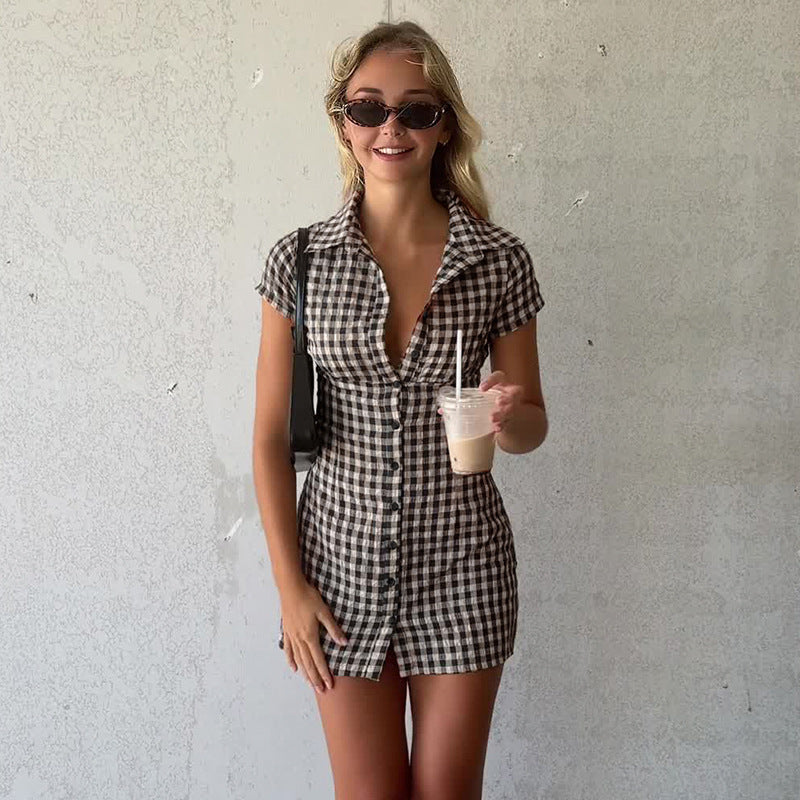 Women Plaid Smocking Waist Trimming Shirt Dress Slimming Breasted