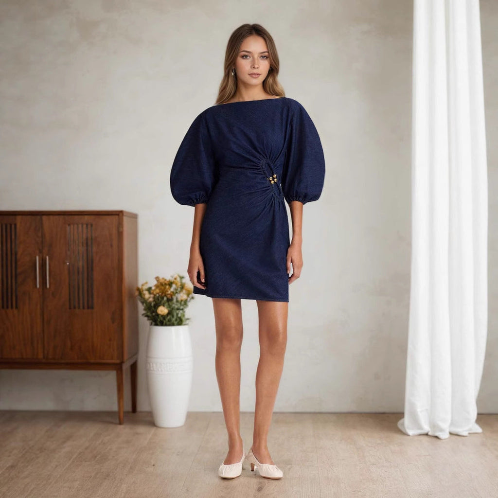 Puff Sleeve Word Collar Twisted Metal Buckle Embellished Decorative Imitation Denim Ladies Dress High End