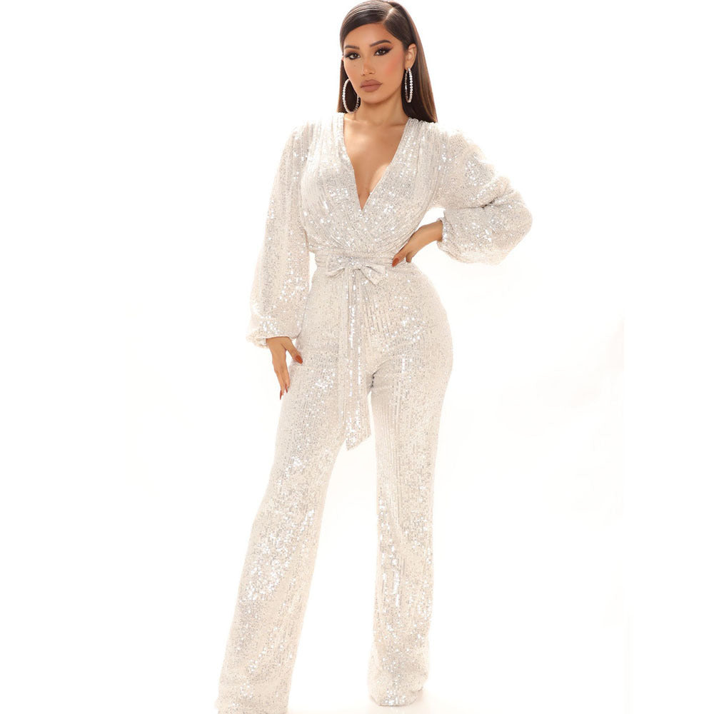 Fall Winter Slim V neck One Piece Women Wide Leg Pants