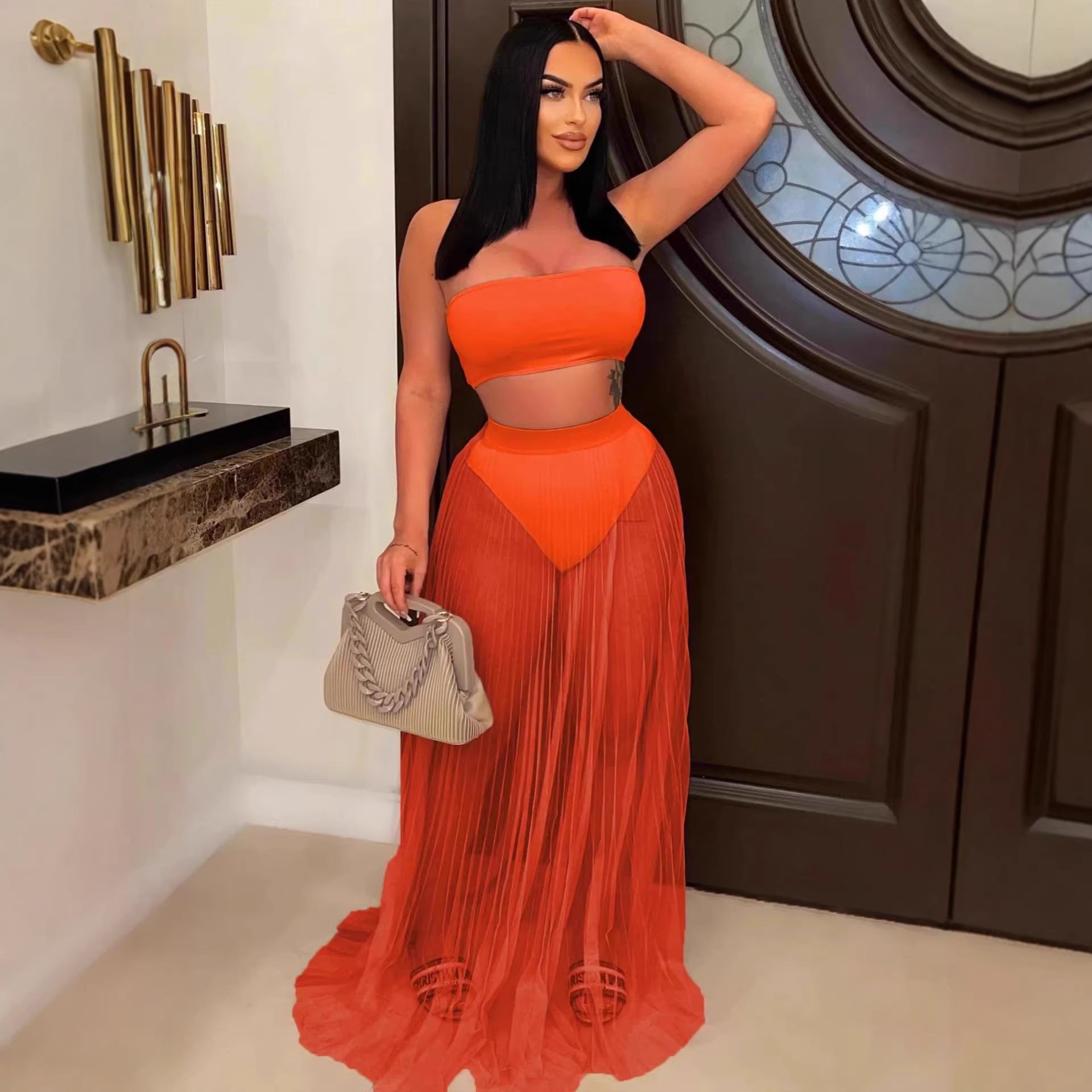 Sexy Mesh Pleating Long Skirt Wrapped Chest Pad Removable Swimsuit Fabric Three Piece Sets