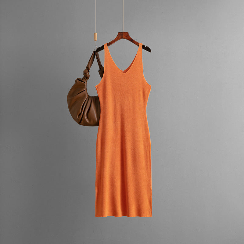 Women Clothing Summer Thin with Shoulder Straps Dress V neck Sleeveless Vest Dress Slit Hemline at Hem Underwear Knitted Dress