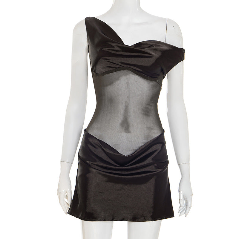 Women Clothing Summer Artificial Silk Stitching Mesh Sloping Shoulder Dress