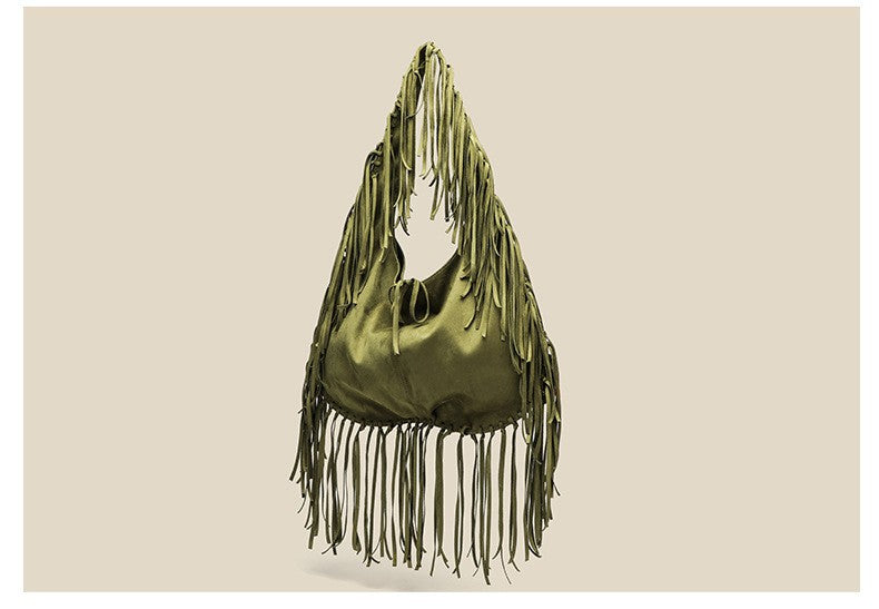 Tassel Large Capacity Tote Crescent Trendy One Shoulder Women Bag Casual Simple Crossbody Suede Retro Dumpling Bag