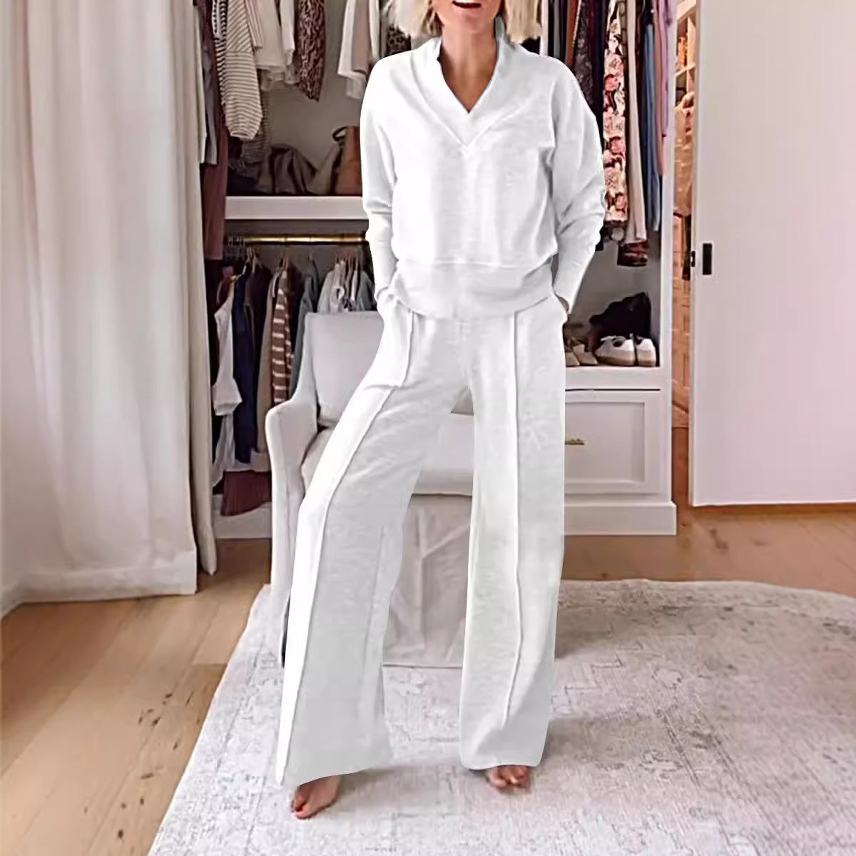 Autumn Casual V neck Long Sleeve Loose Top Wide Leg Pants Two Piece Set